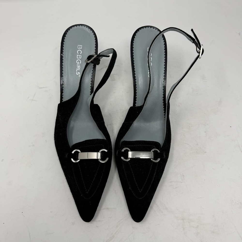 BCBG Black Suede Pointed Toe Heel Sling Back Shoes Retro Party Women’s US 9 B - Picture 1 of 9